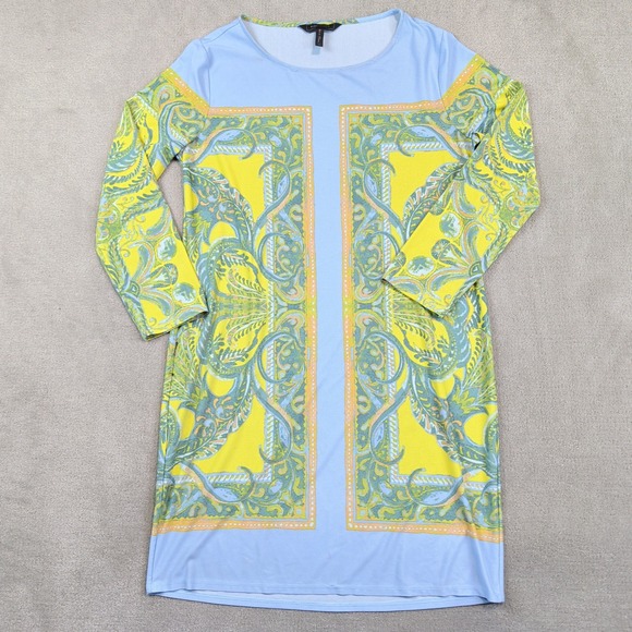 BCBGMAXAZRIA Size S Paisley Scarf Print Long Sleeve Shift Mini Dress Blue Yellow — photo 2